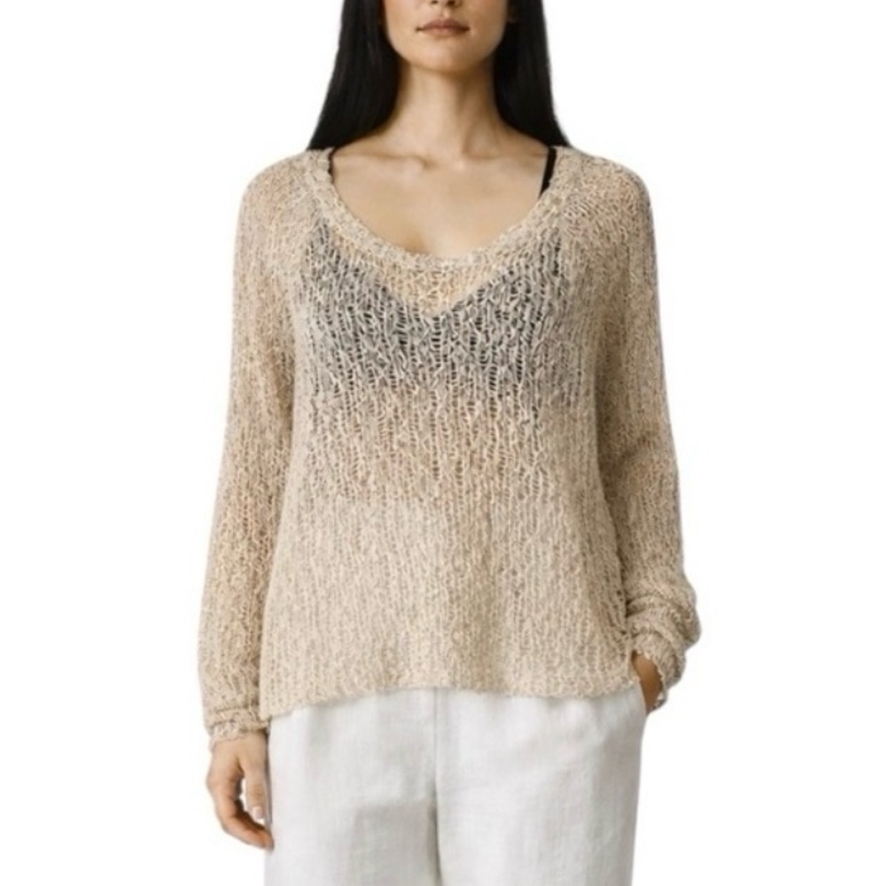 Eileen Fisher Organic Cotton Sweater | Neutral Oatmeal | Luxe Open Weave | Large